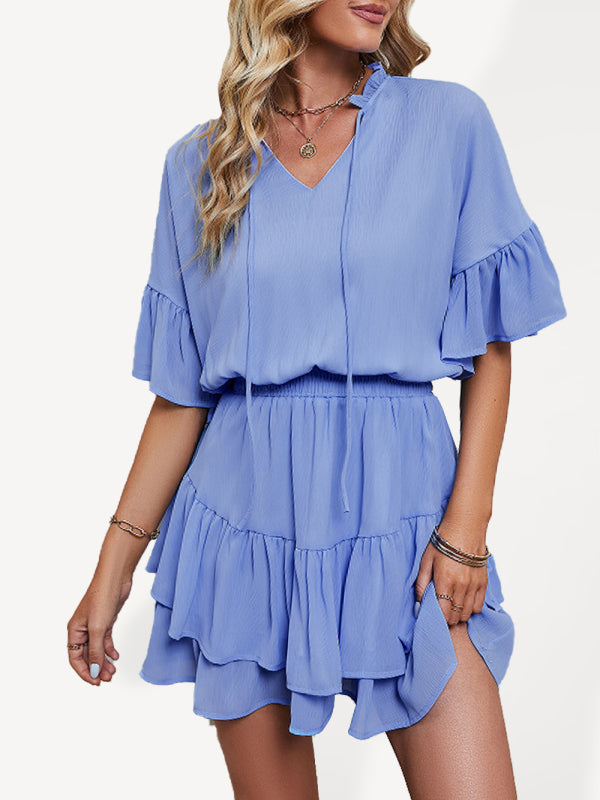 Ladies Solid Color Ruffle Dress - Blue / S