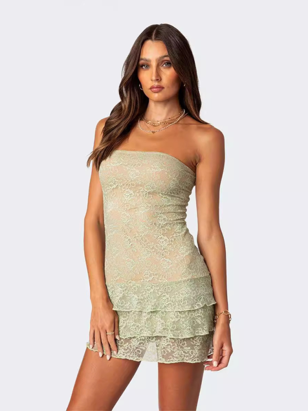 Ladies tube top lace ruffled mini skirt - Pale green / S