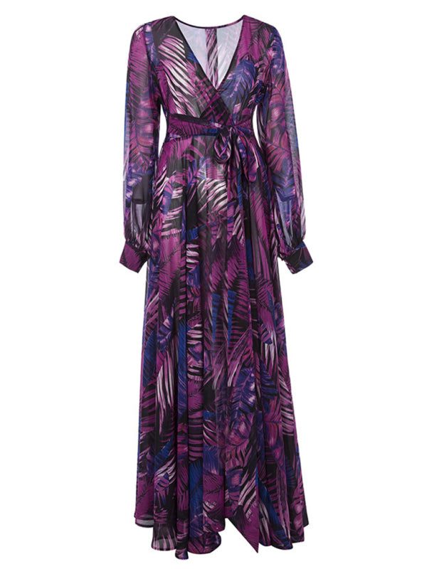 Lantern Sleeve V Neck Tie Leaf Print Swing Dress