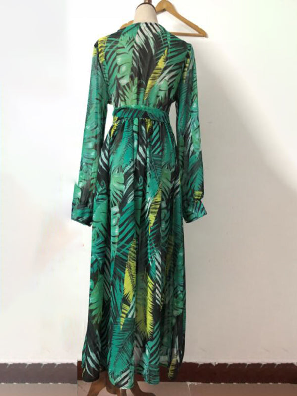 Lantern Sleeve V Neck Tie Leaf Print Swing Dress