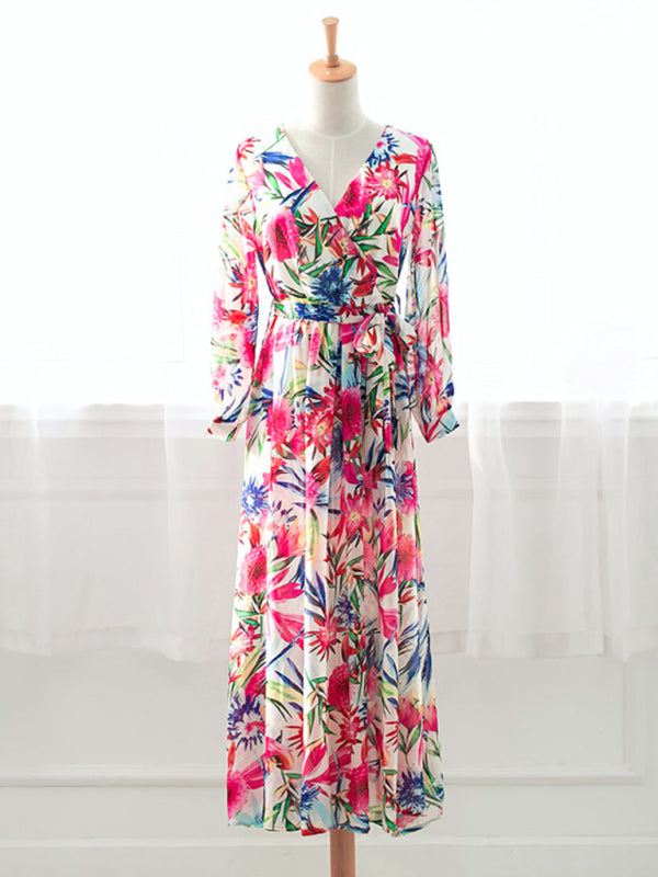 Lantern Sleeve V Neck Tie Leaf Print Swing Dress