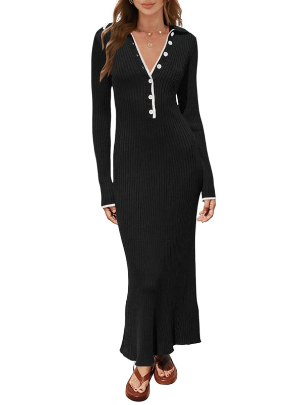 Lapel knitted slim fit hip-hugging long-sleeved dress