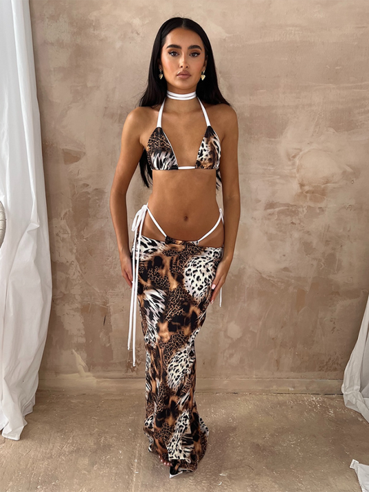 Leopard print bikini three piece set - Leopard / S