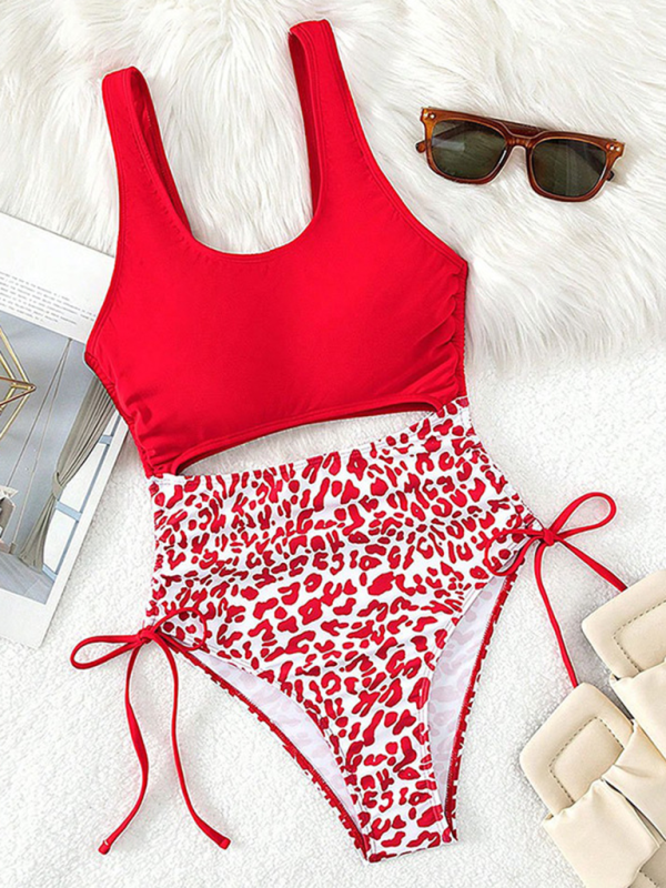 Leopard print U-shaped strappy one-piece swimsuit