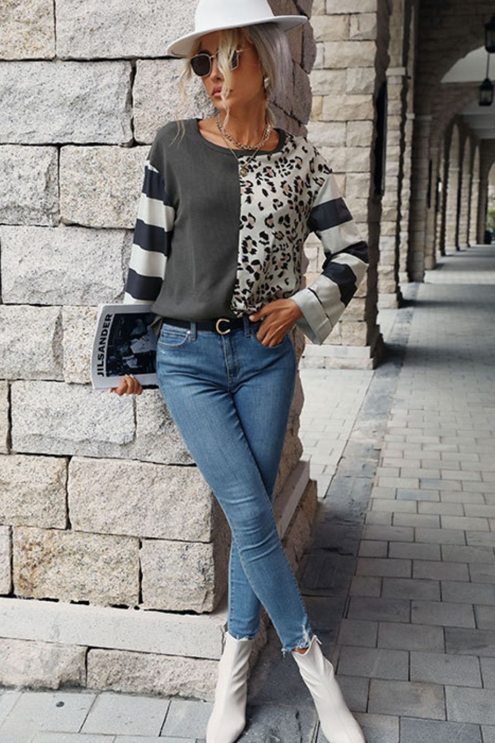 Leopard Striped Round Neck Long Sleeve Tee Print on any thing USA/STOD clothes