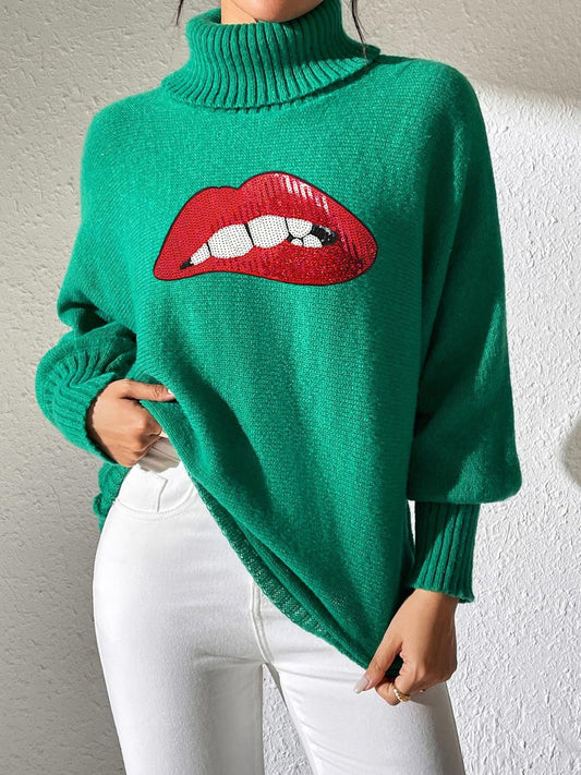 Lip Turtleneck Long Sleeve Sweater - Green / S