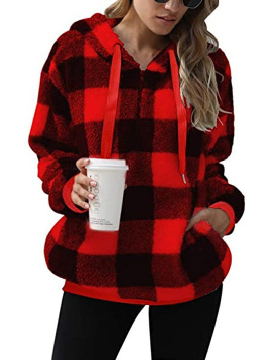 Long sleeve hooded plaid plush women’s sweatshirt - Red / S