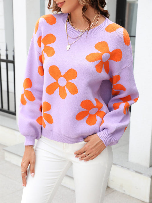 Long sleeve pullover floral pullover sweater - Purple / S