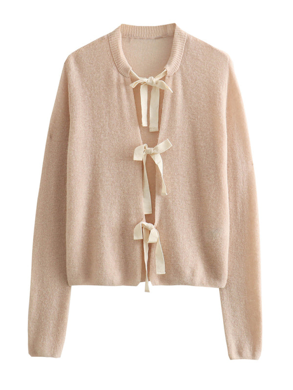 Loose bow tie knitted sweater cardigan - Khaki / S