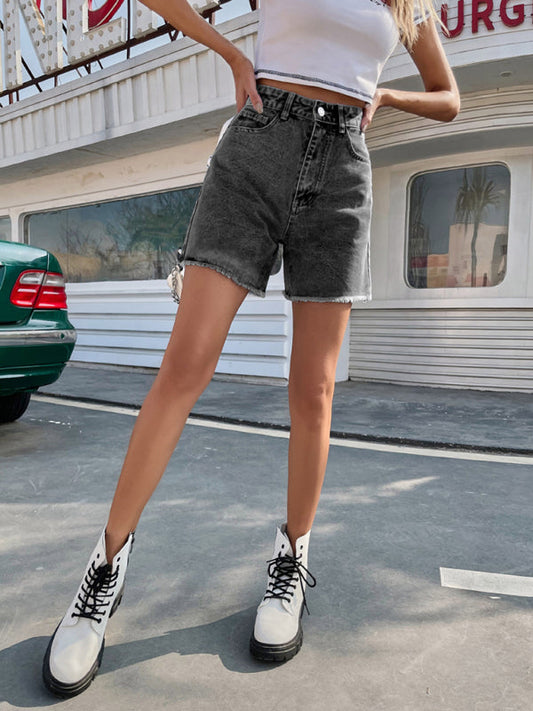 Loose casual high waist denim shorts - Charcoal grey / XS