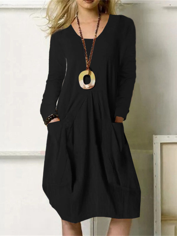 Loose Casual Long Solid Color Pocket Dress - Black / XS