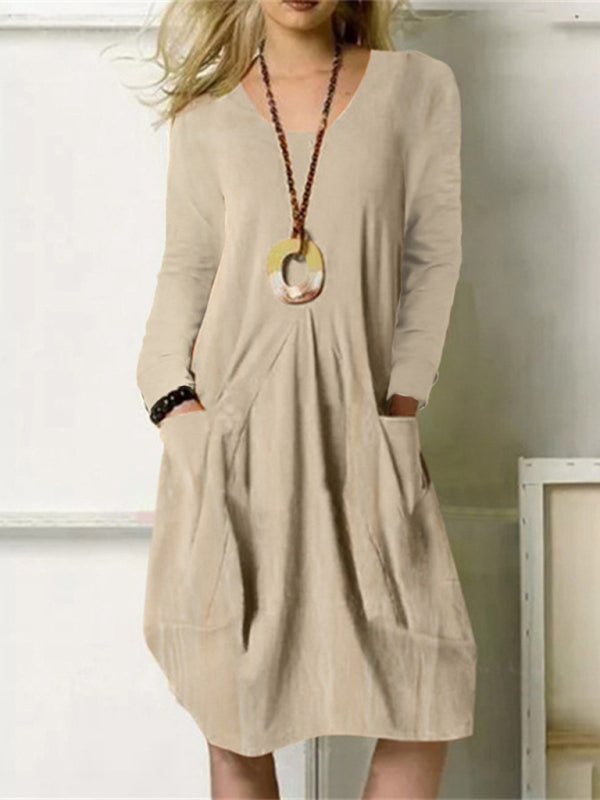 Loose Casual Long Solid Color Pocket Dress - Khaki / XS