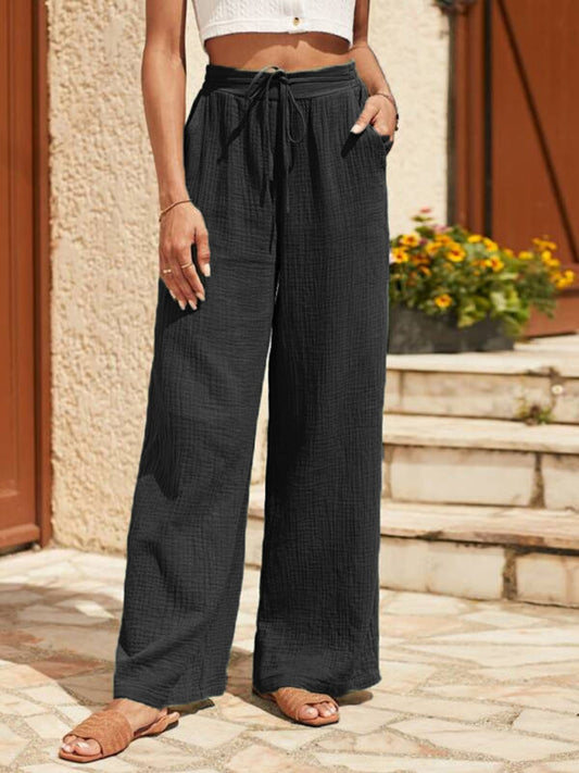 Loose elastic pleated casual pants - Black / XS