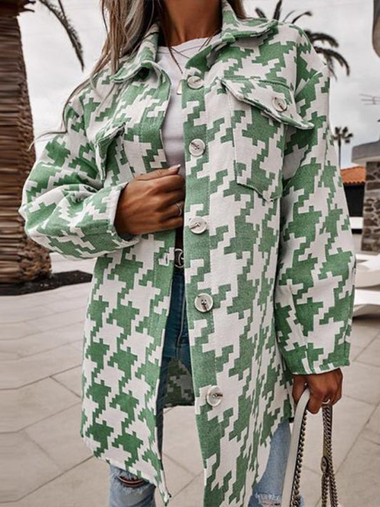 Loose long-sleeved houndstooth coat - Green / S