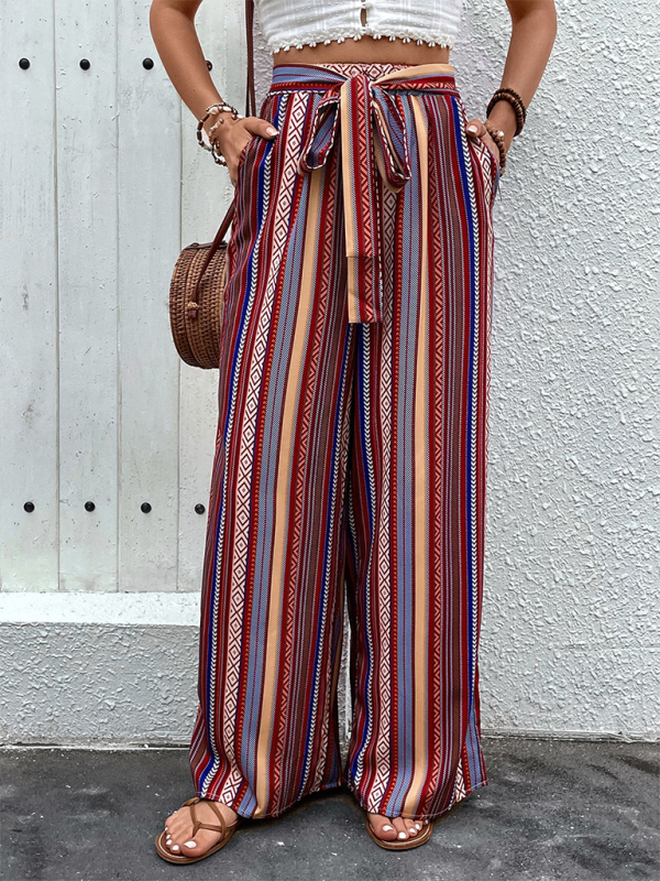 Loose striped high waist elastic wide leg pants