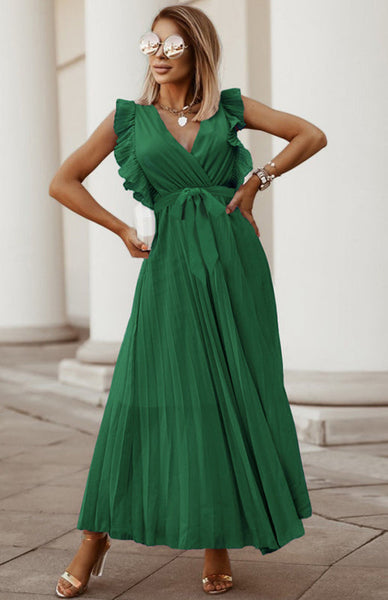 Lotus Leaf Sleeve Chiffon Pleated Solid Color Dress