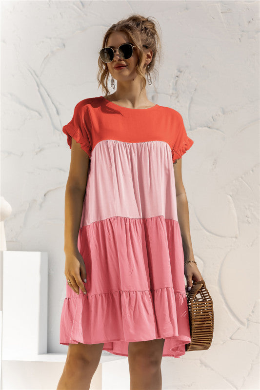 Women's Color Block Loose Short Sleeve Dress