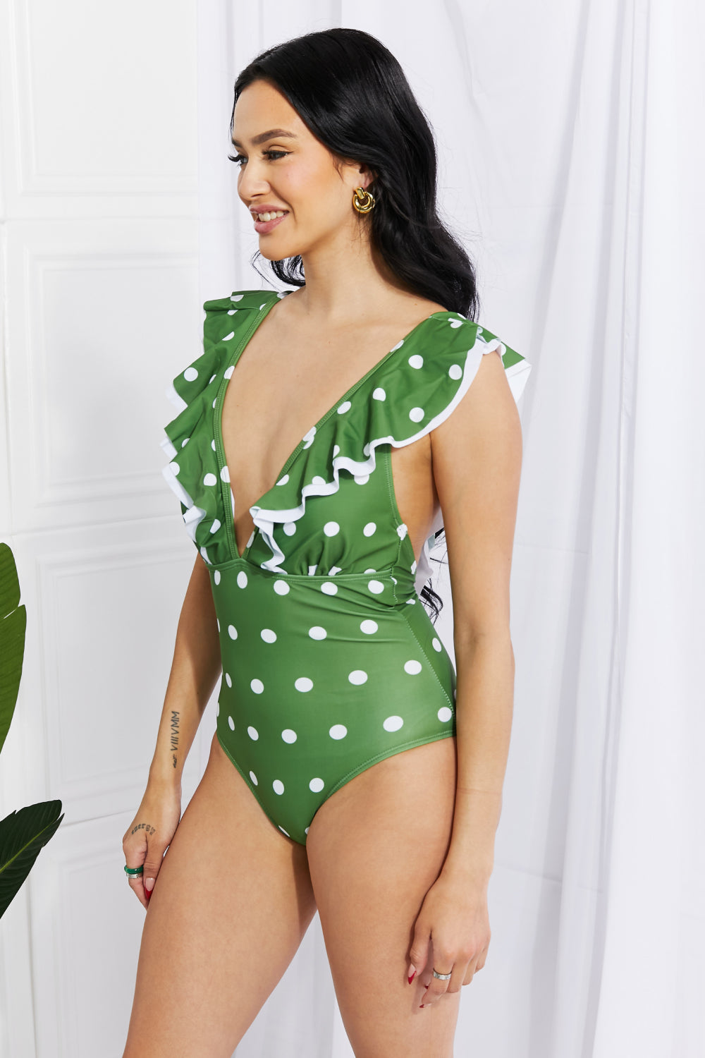 Marina West Swim Moonlit Dip Ruffle Plunge Swimsuit in Mid Green Print on any thing USA/STOD clothes