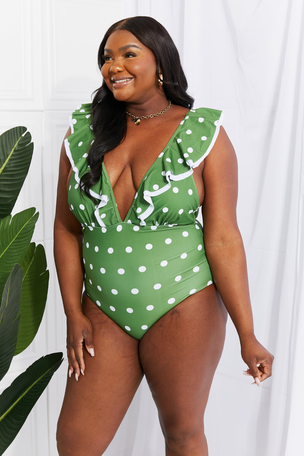 Marina West Swim Moonlit Dip Ruffle Plunge Swimsuit in Mid Green Print on any thing USA/STOD clothes