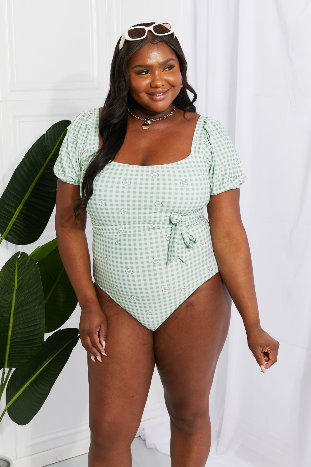 Marina West Swim Salty Air Puff Sleeve One-Piece in Sage Print on any thing USA/STOD clothes