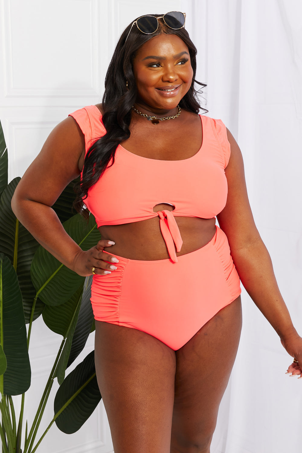 Marina West Swim Sanibel Crop Swim Top and Ruched Bottoms Set in Coral Print on any thing USA/STOD clothes