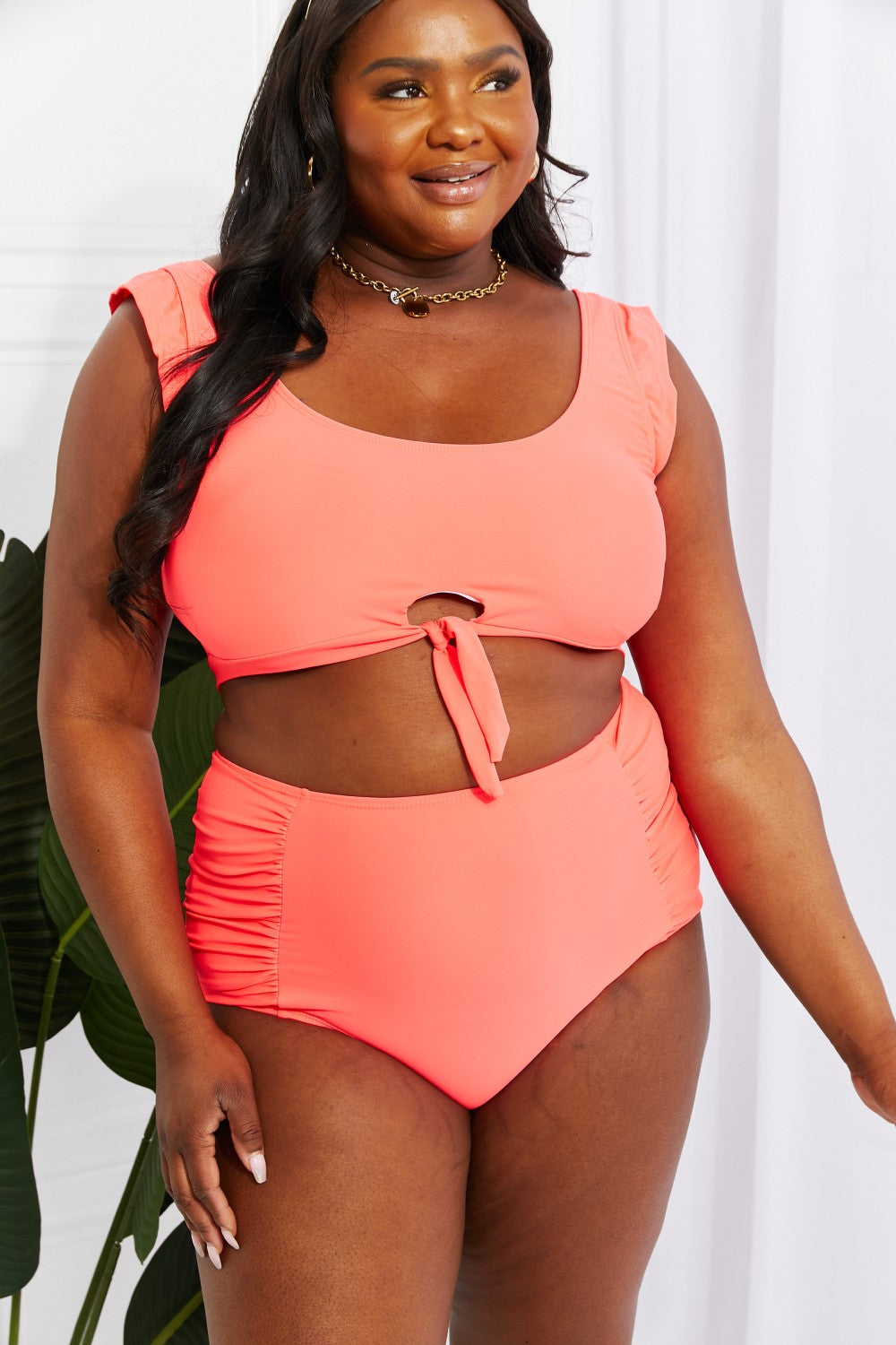 Marina West Swim Sanibel Crop Swim Top and Ruched Bottoms Set in Coral Print on any thing USA/STOD clothes