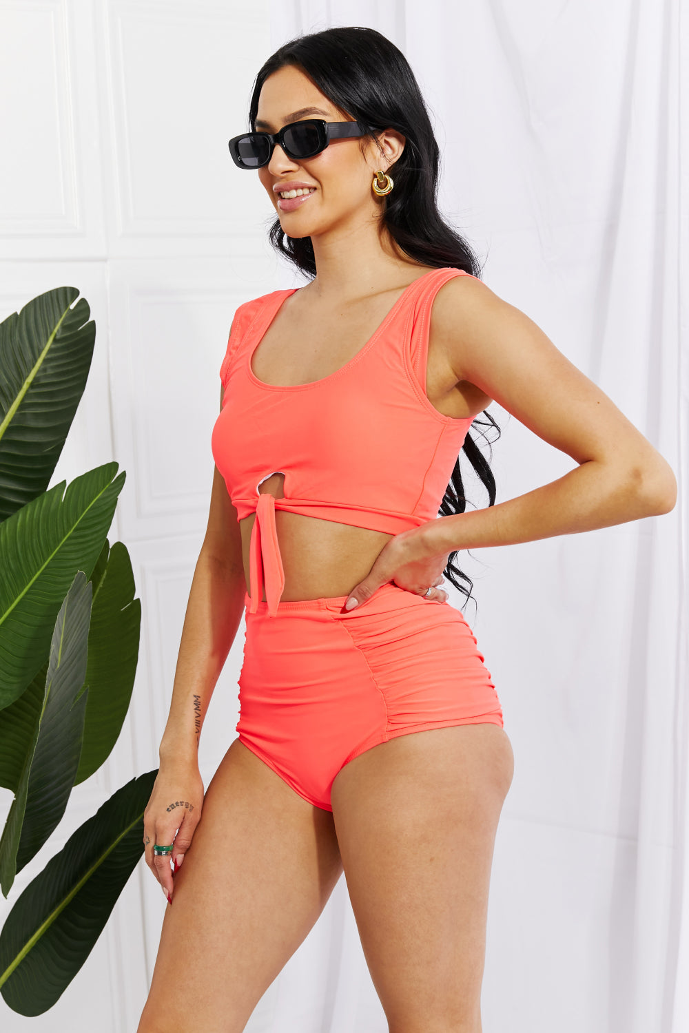 Marina West Swim Sanibel Crop Swim Top and Ruched Bottoms Set in Coral Print on any thing USA/STOD clothes