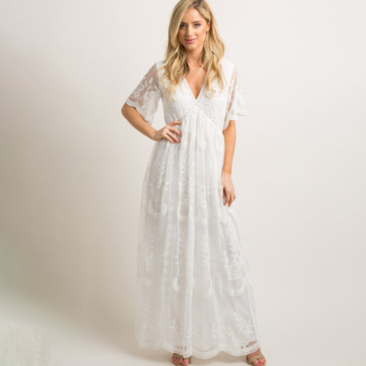 Maternity short-sleeved V-neck lace long dress - White / S