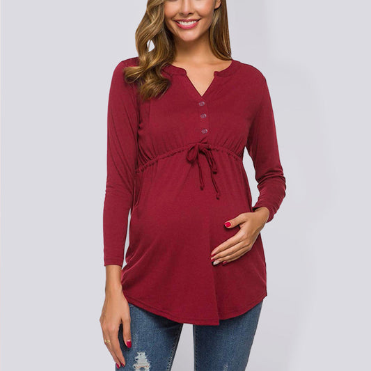 Maternity solid color drawstring button half cardigan