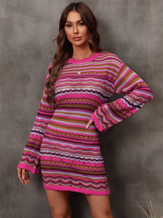 Multicolored Stripe Dropped Shoulder Sweater Dress Print on any thing USA/STOD clothes