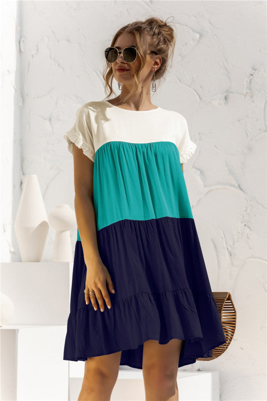 Women's Color Block Loose Short Sleeve Dress