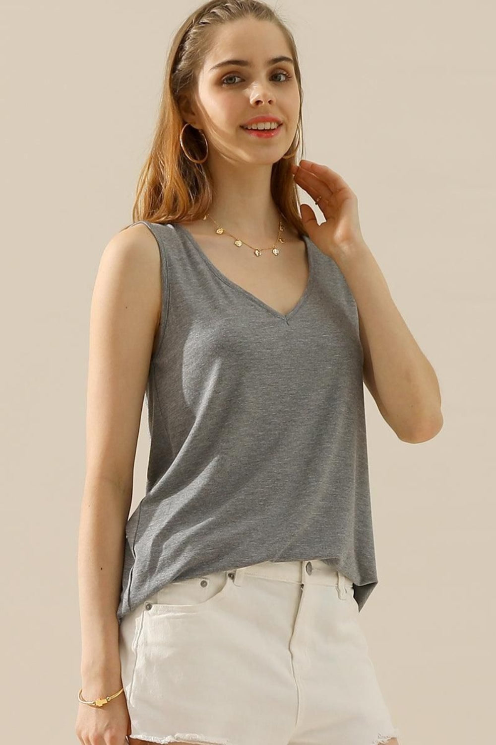 Ninexis Full Size V-Neck Curved Hem Tank - H GREY / S