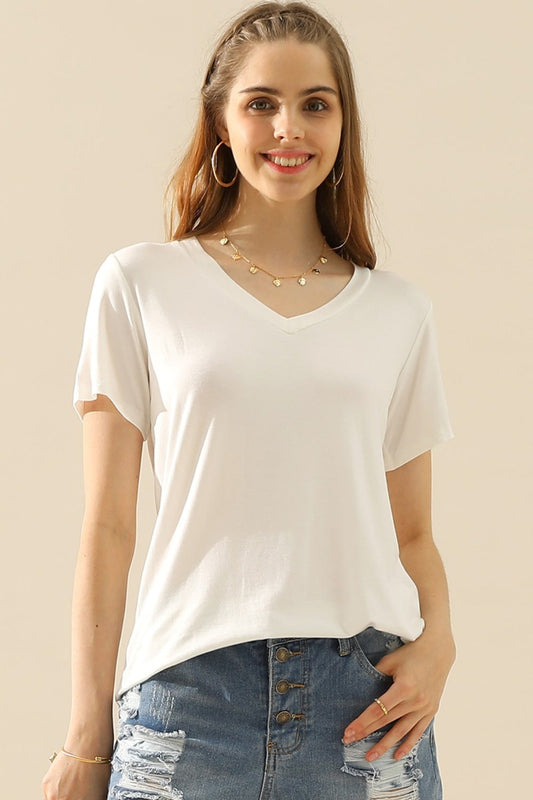 Ninexis Full Size V-Neck Short Sleeve T-Shirt - WHITE / S