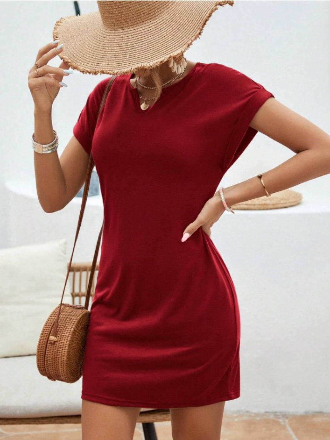 Notched Short Sleeve Mini Tee Dress - Burgundy / S