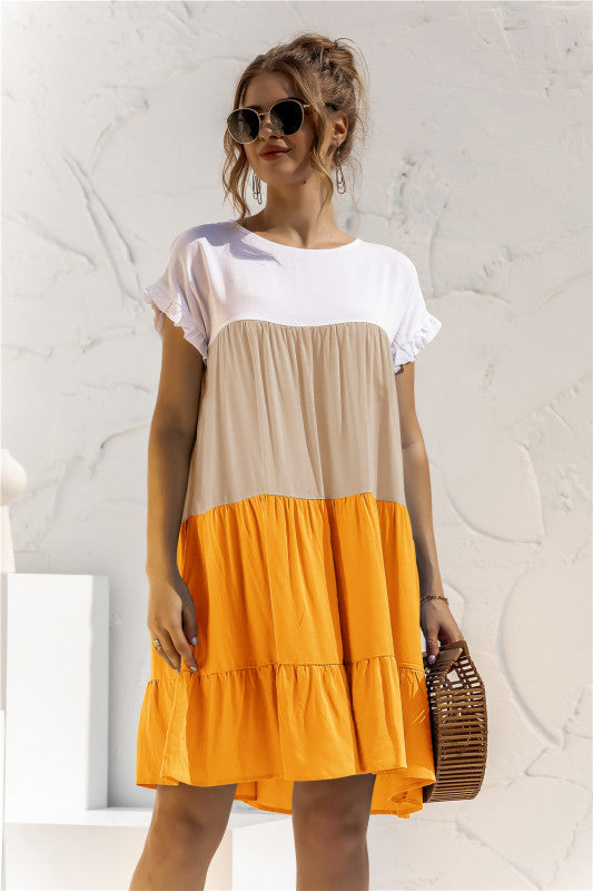 Women's Color Block Loose Short Sleeve Dress