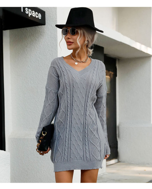 Casual Solid Color Long Sleeve V-Neck Grey Sweater Dress