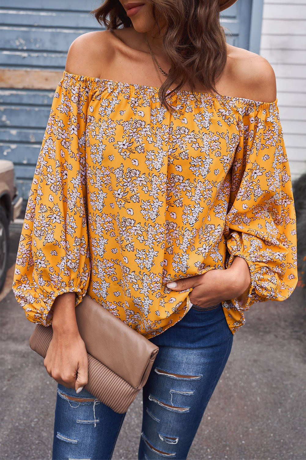 Off-Shoulder Balloon Sleeve Top Print on any thing USA/STOD clothes