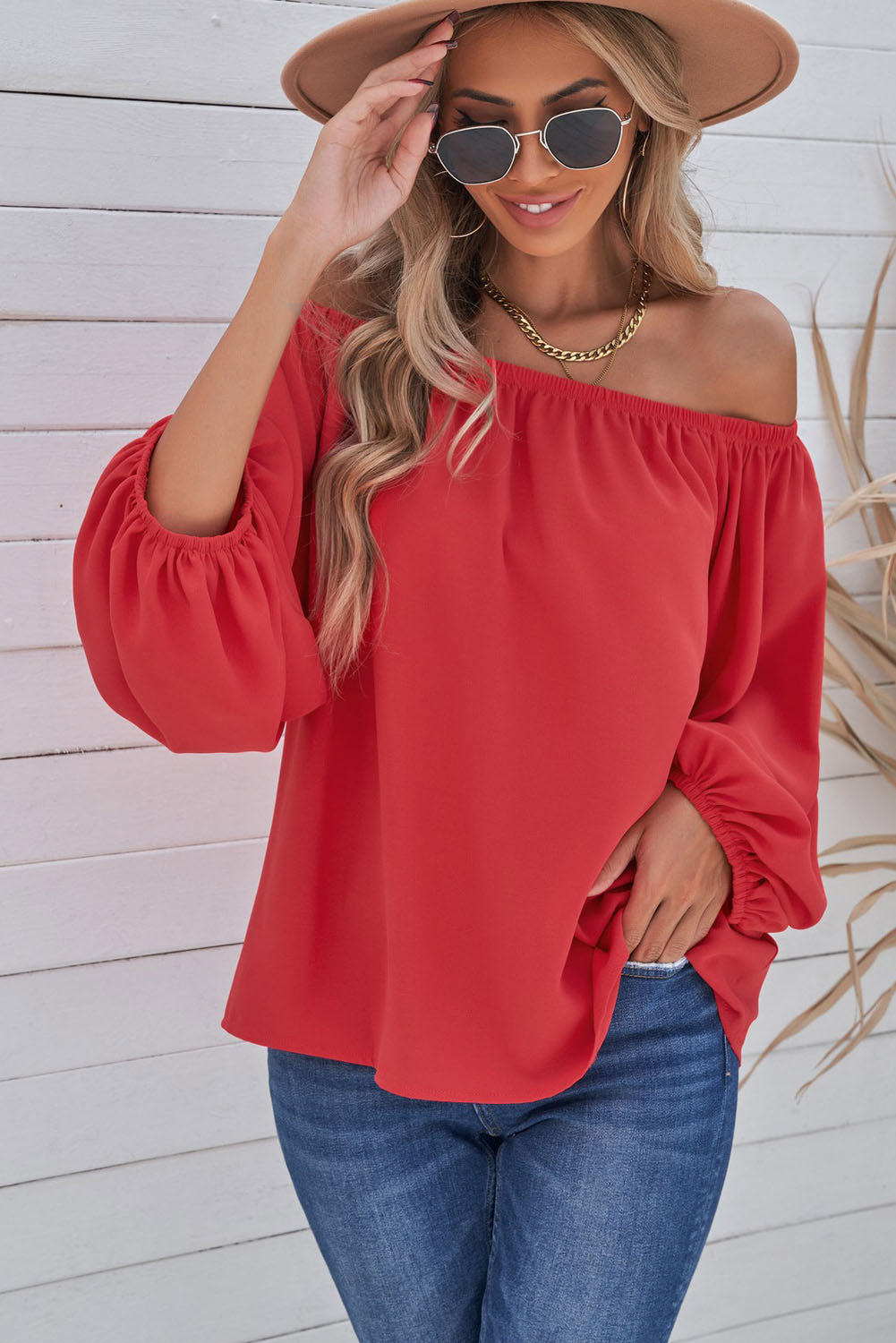 Off-Shoulder Balloon Sleeve Top Print on any thing USA/STOD clothes