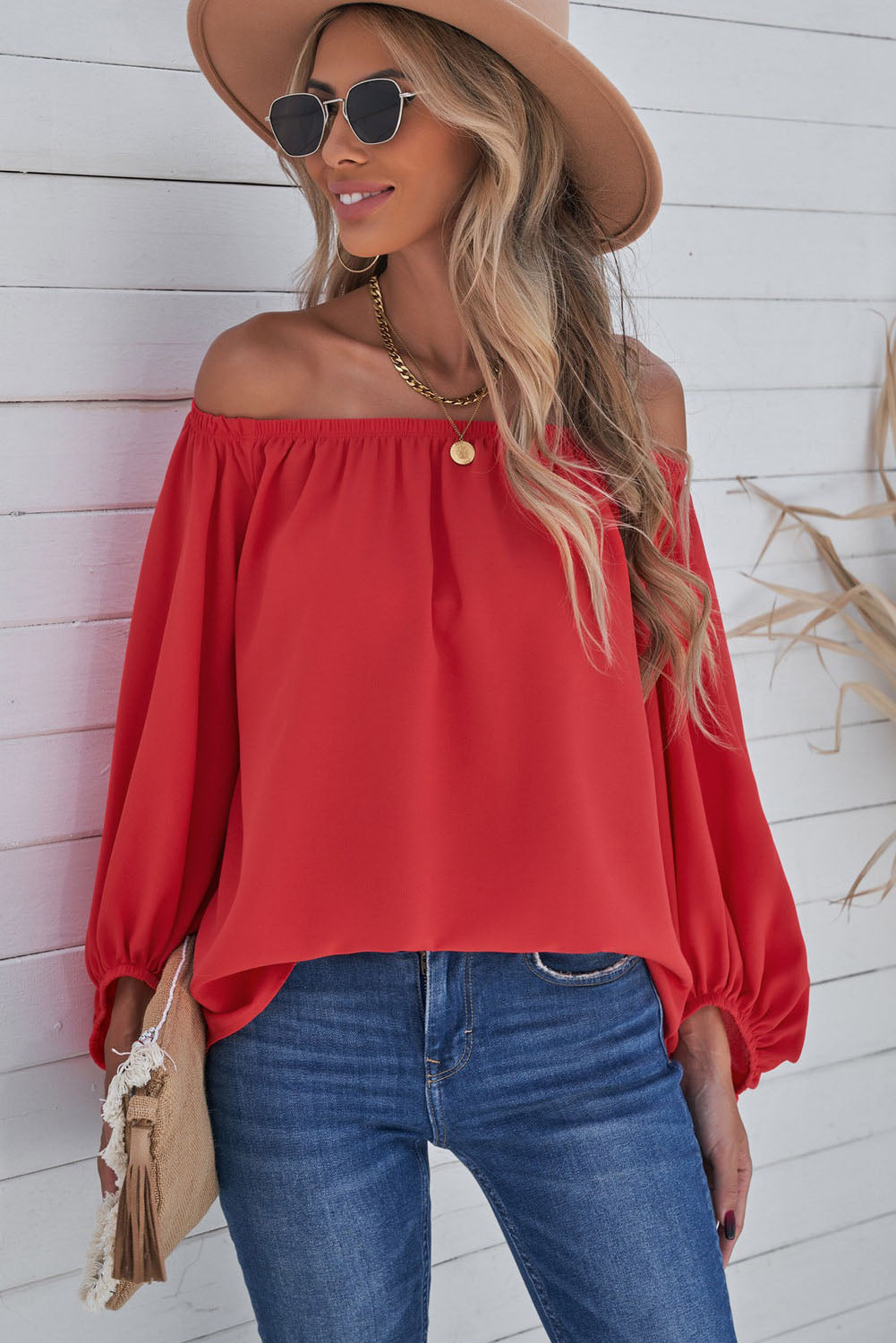 Off-Shoulder Balloon Sleeve Top Print on any thing USA/STOD clothes