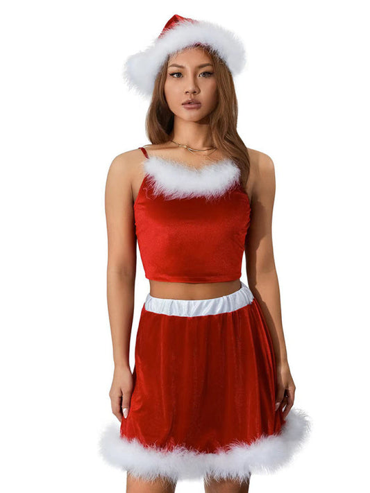 Off-shoulder Christmas red suspender feather Christmas