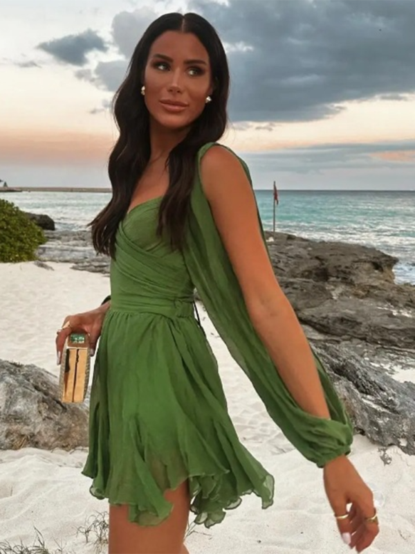 Off-shoulder sleeves V-neck dress - Deep green / S