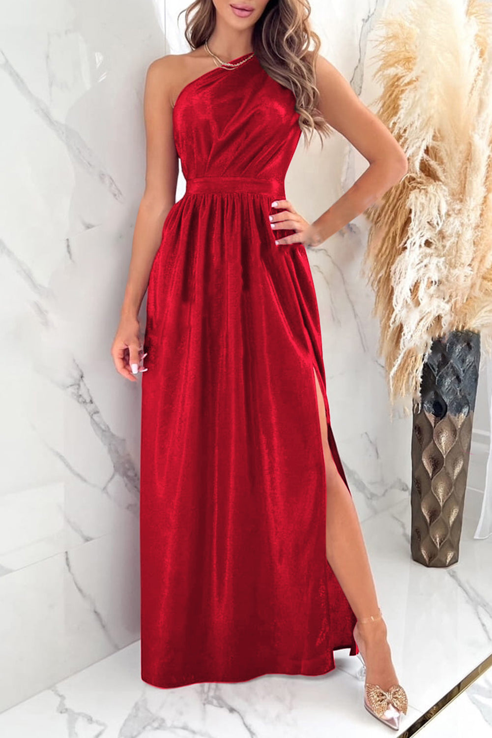 One Shoulder Slit Ruched Maxi Dress - Red / S