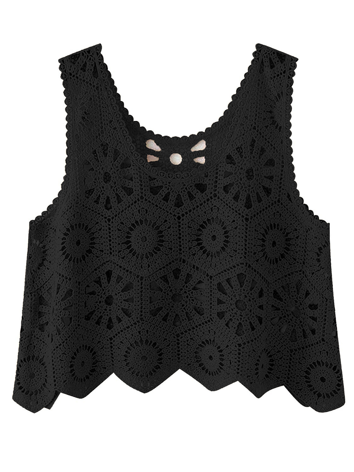 Openwork Round Neck Knit Vest - Black / One Size