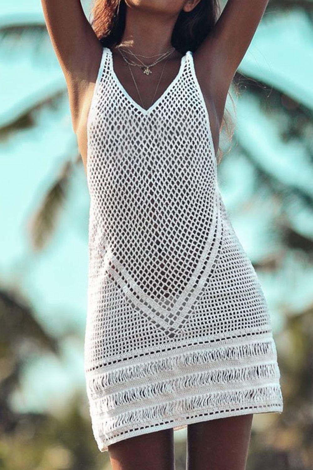 Openwork V-Neck Tank Knit Cover Up - White / S