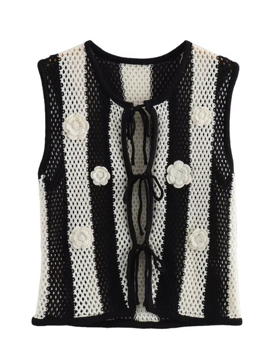 Patchwork hand-appliqué lace-up knitted vest - Black / S