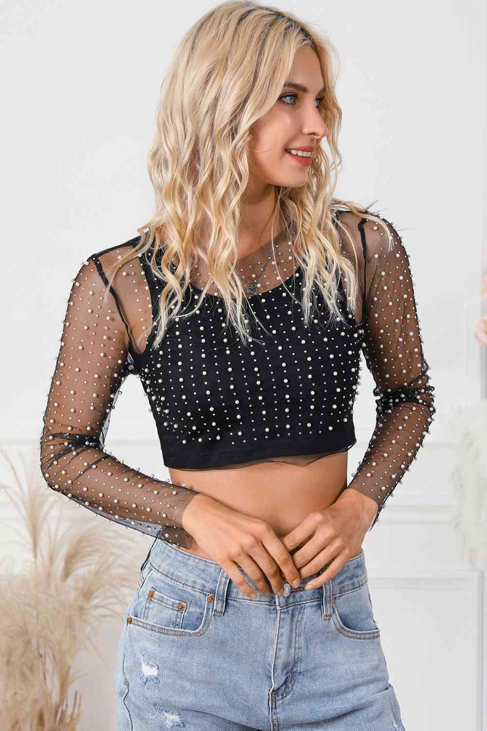 Pearl Long Sleeve Mesh Cropped Top - Black / S