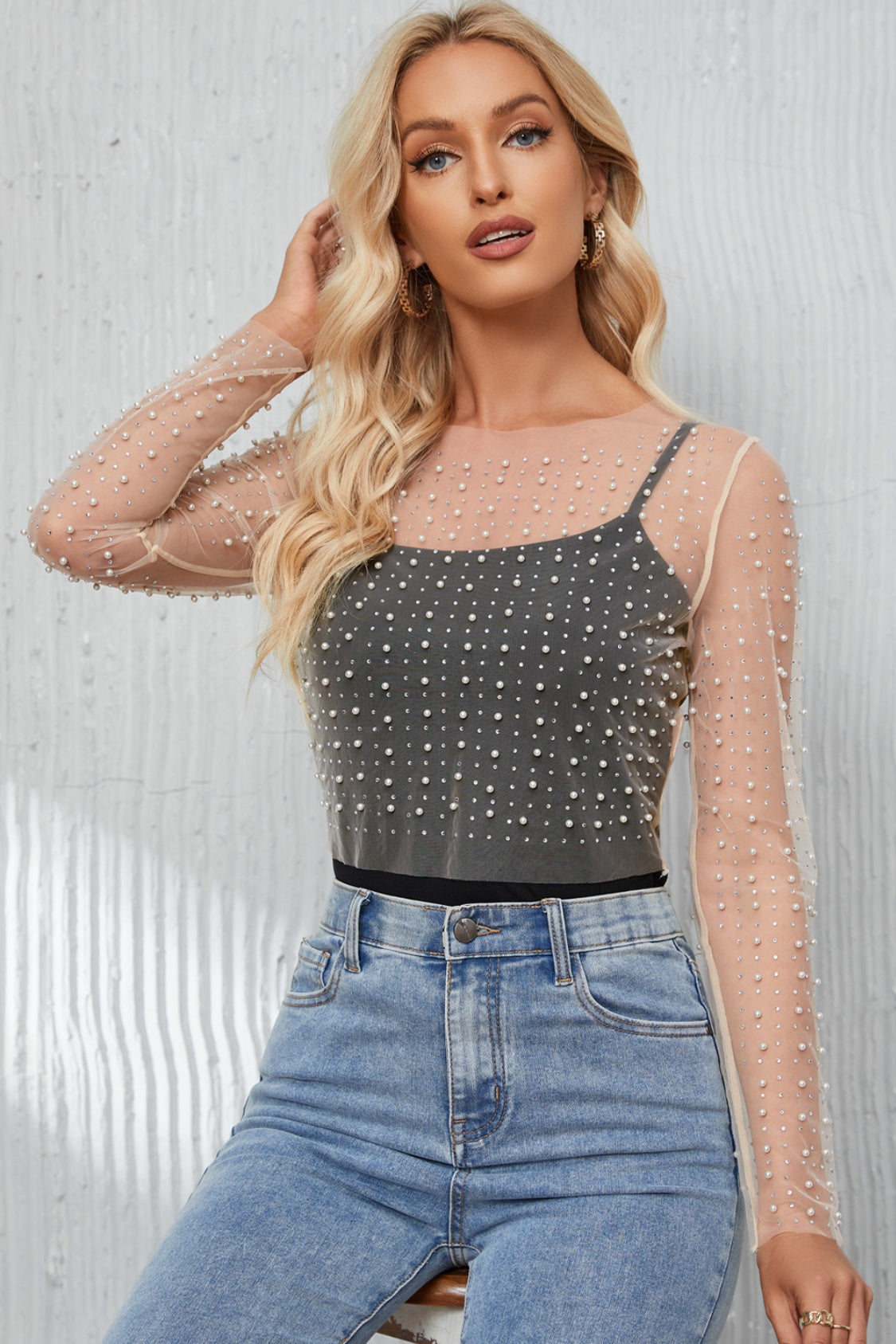 Pearl Long Sleeve Mesh Cropped Top - White / L