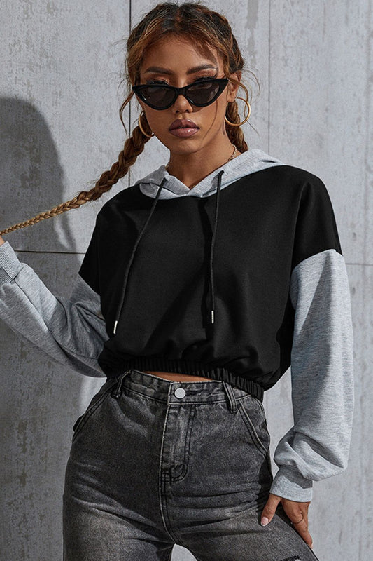 Perfee Contrast Long Sleeve Cropped Hoodie - Black / S