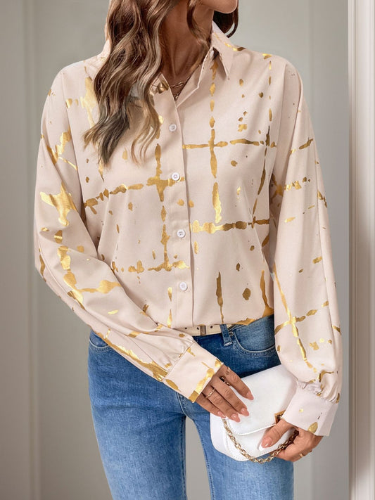 Perfee Printed Collared Neck Long Sleeve Shirt - Tan / S