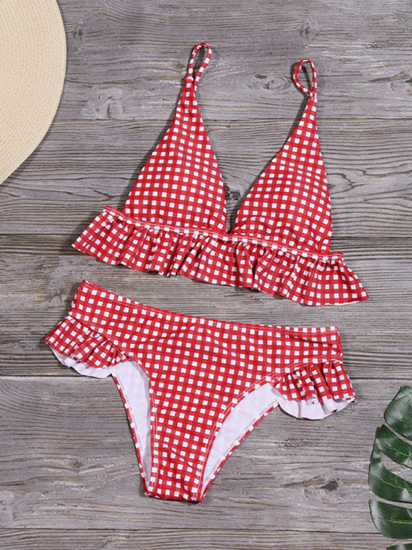 Plaid bikini ruffled two-piece swimsuit - Red / S